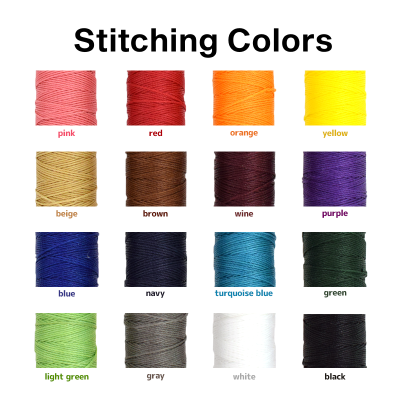 Showcasing the 16 available colors of stitching