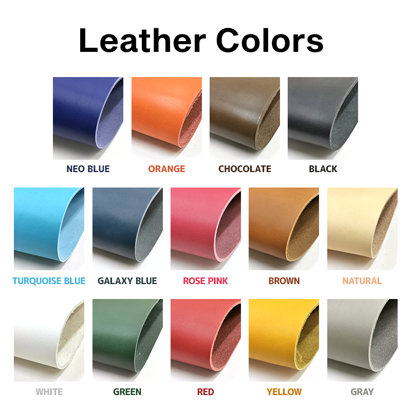 Showcasing the 14 available colors of leather